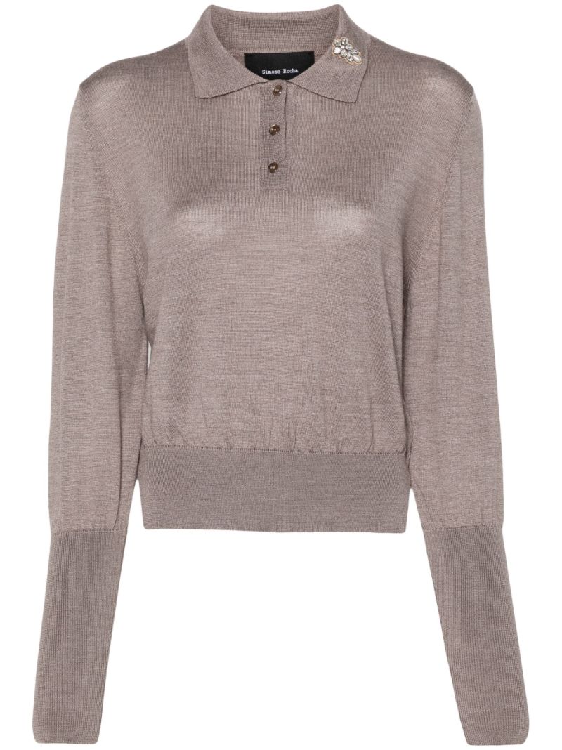 Neutral Crystal-embellished Polo Top