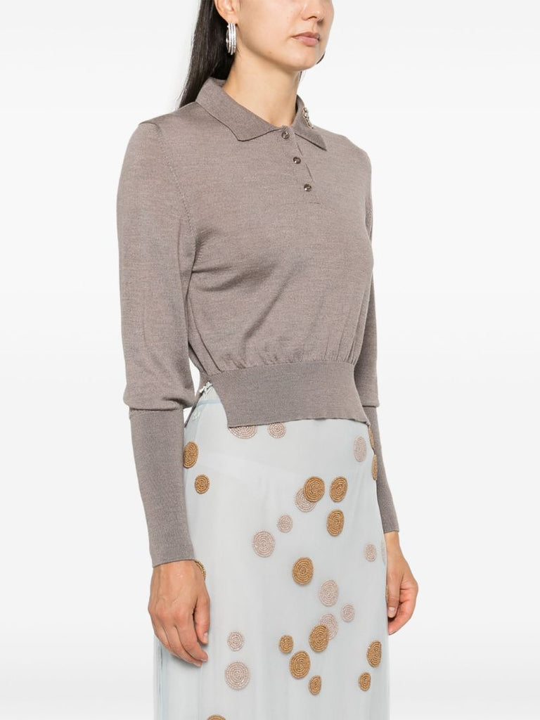 Neutral Crystal-embellished Polo Top