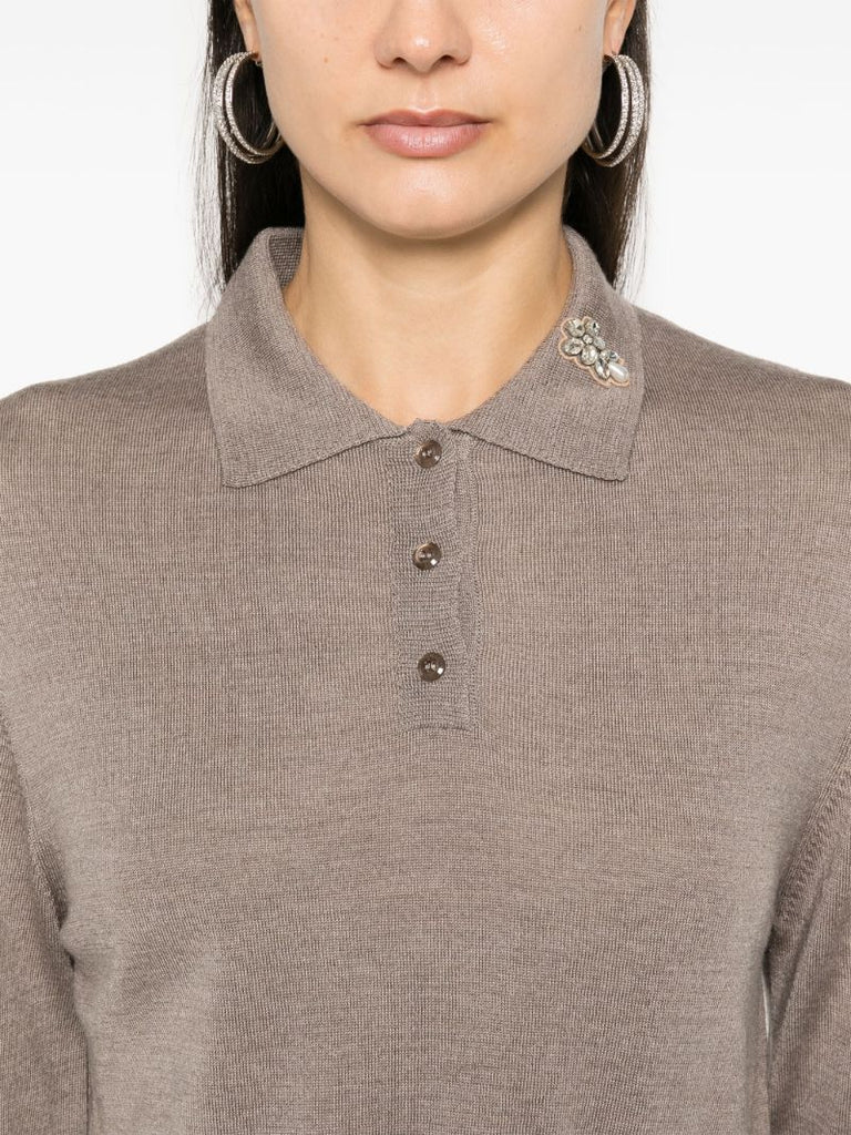 Neutral Crystal-embellished Polo Top