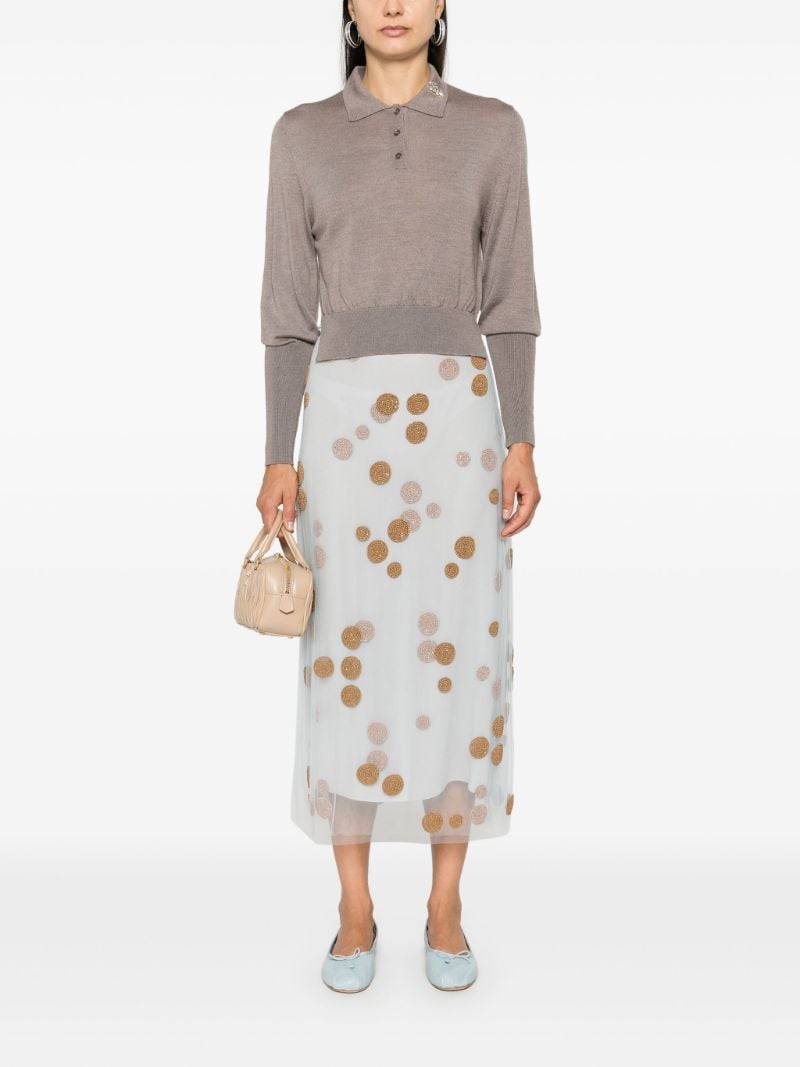 Neutral Crystal-embellished Polo Top