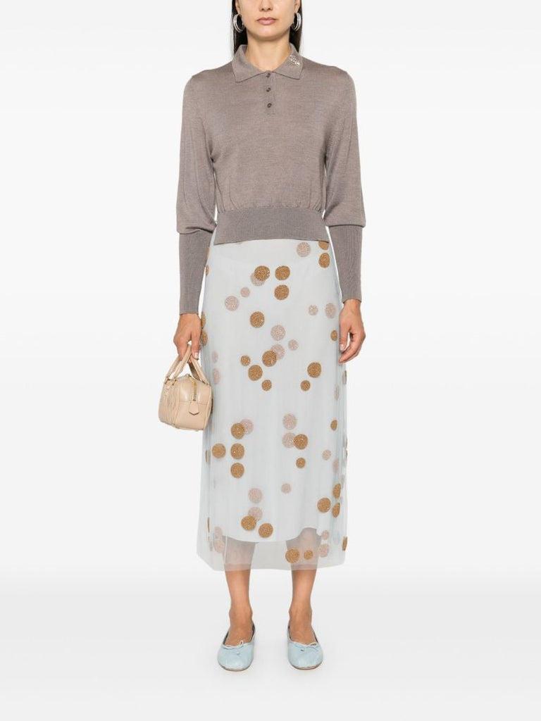 Neutral Crystal-embellished Polo Top