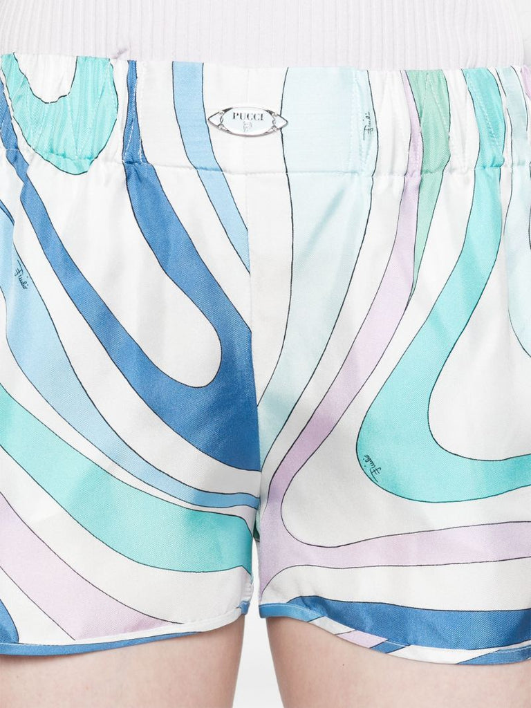 Blue Marmo-print Silk Shorts