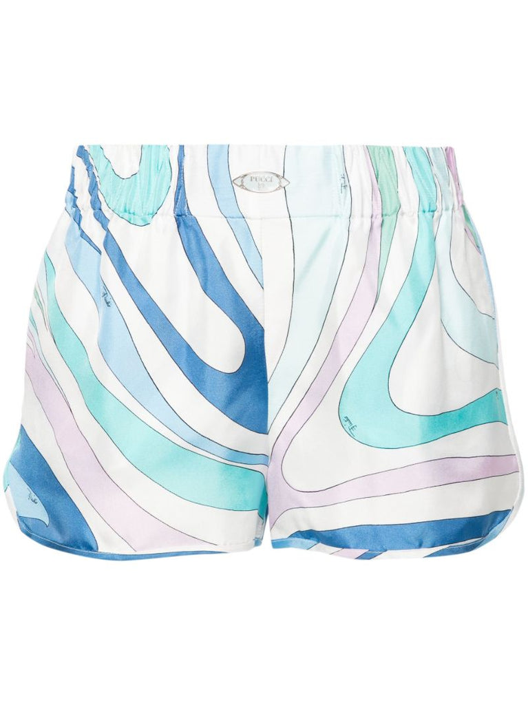 Blue Marmo-print Silk Shorts