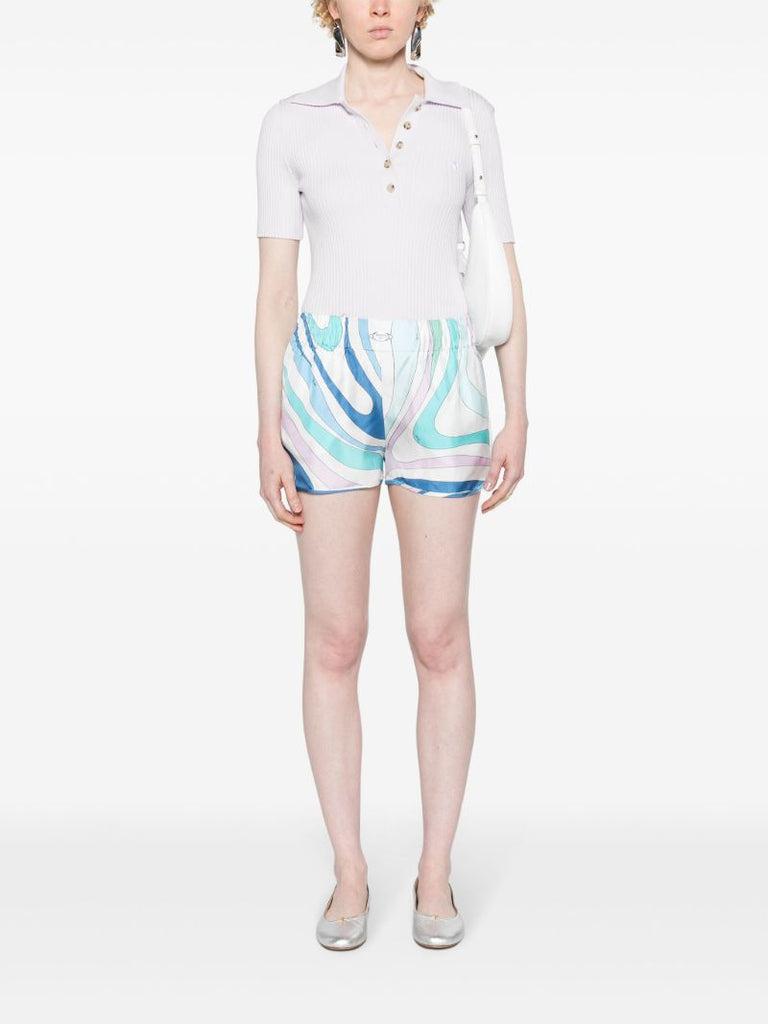 Blue Marmo-print Silk Shorts