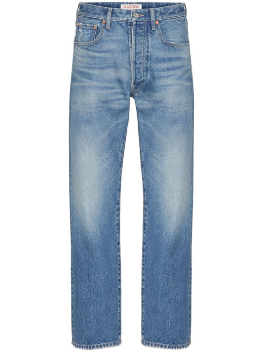 Blue V Detail Straight-leg Jeans