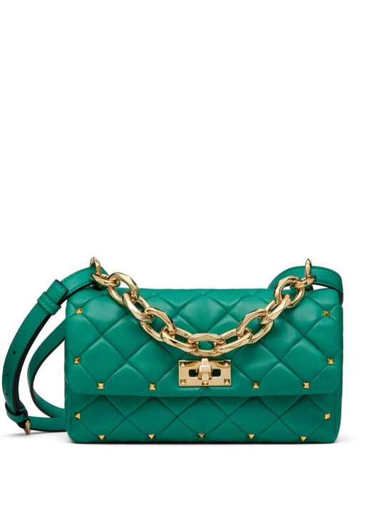 Green Rockstud Spike Leather Shoulder Bag