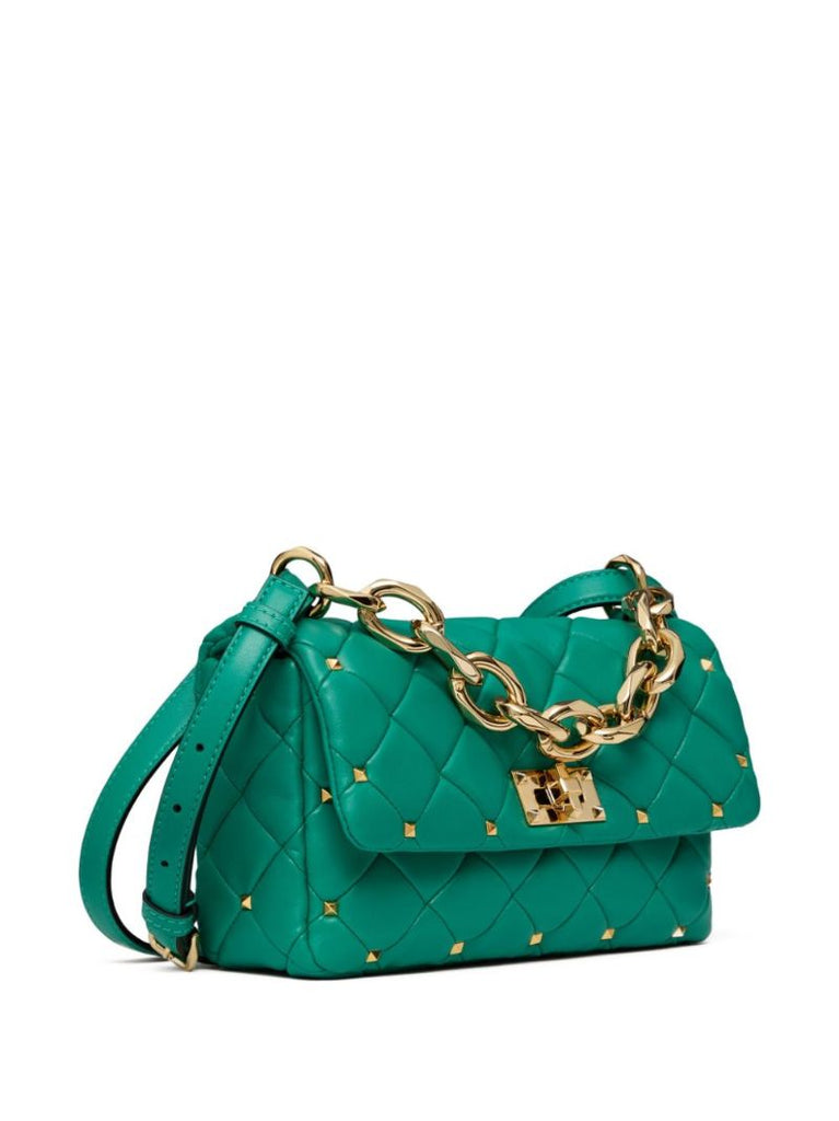 Green Rockstud Spike Leather Shoulder Bag