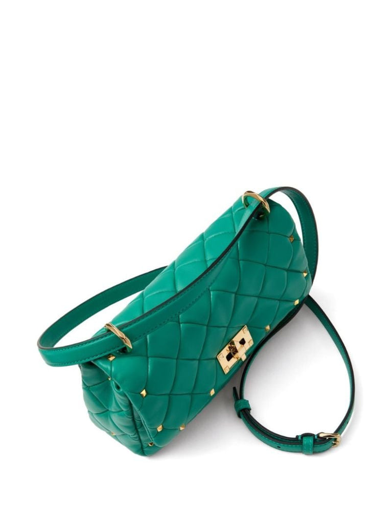 Green Rockstud Spike Leather Shoulder Bag