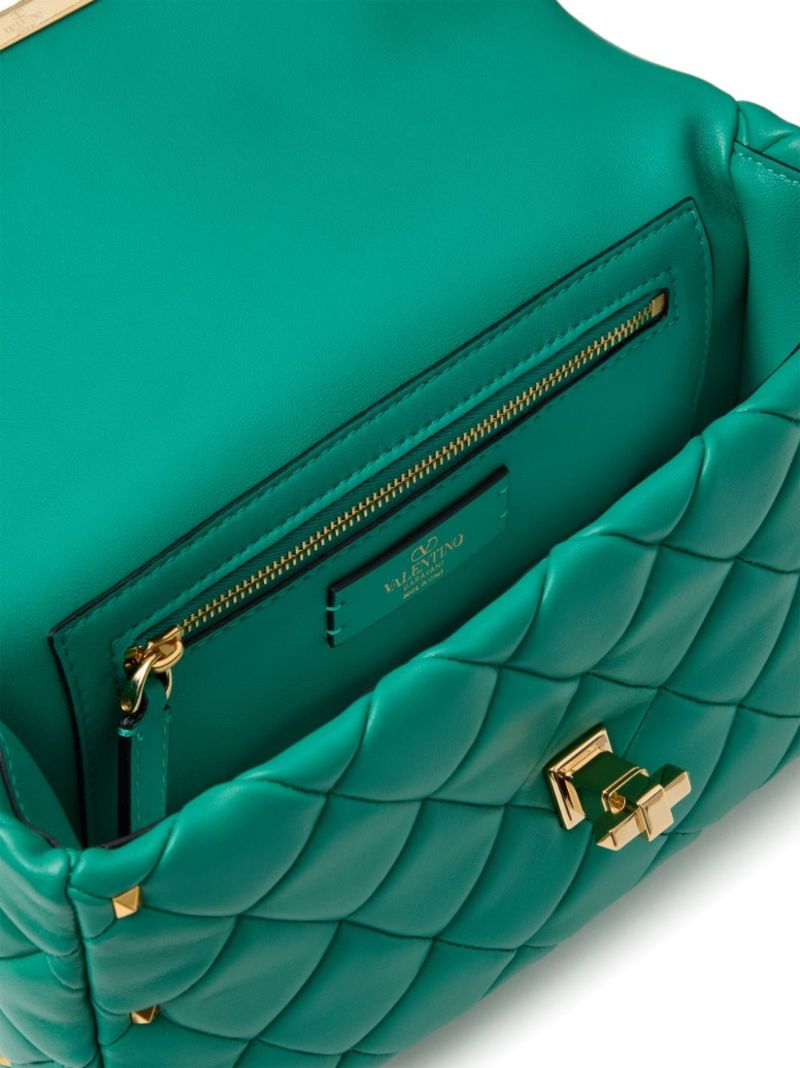 Green Rockstud Spike Leather Shoulder Bag
