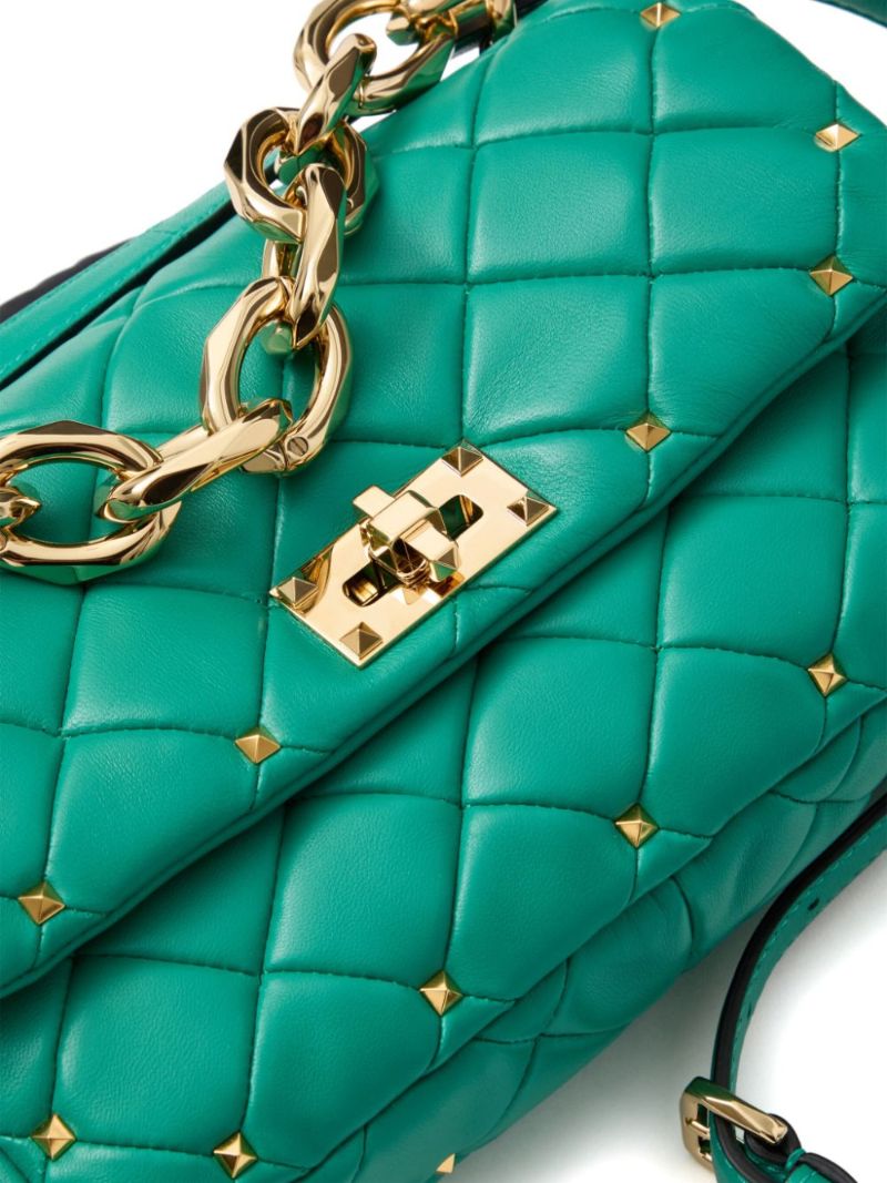 Green Rockstud Spike Leather Shoulder Bag