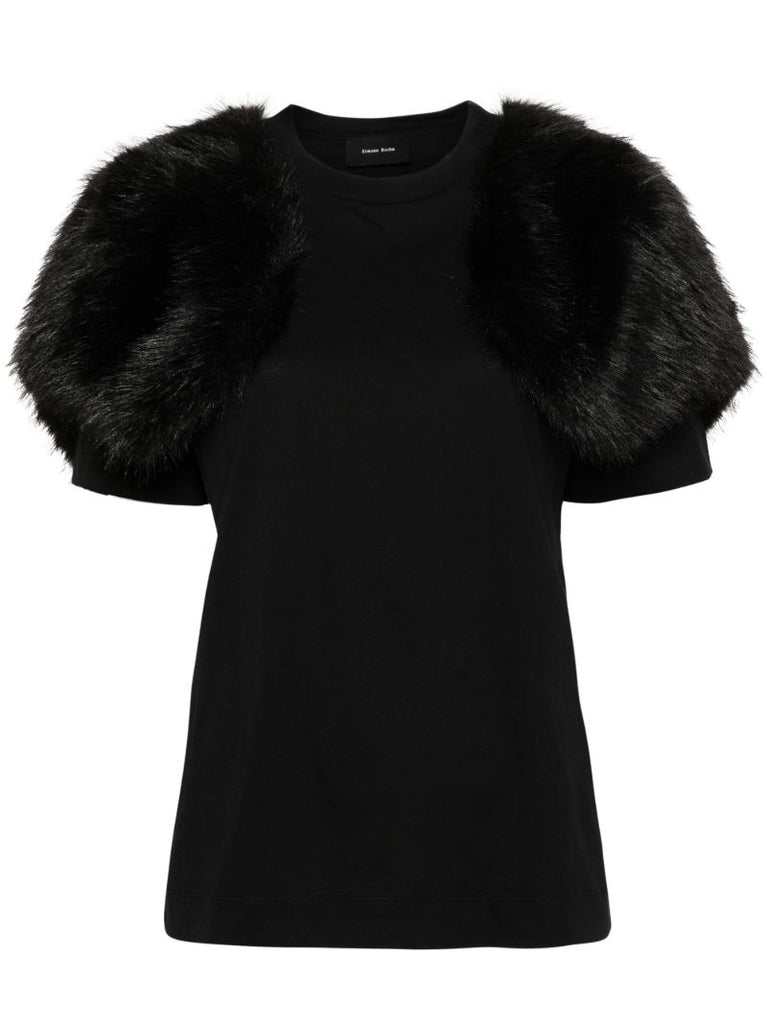 Black Faux Fur-sleeve T-shirt