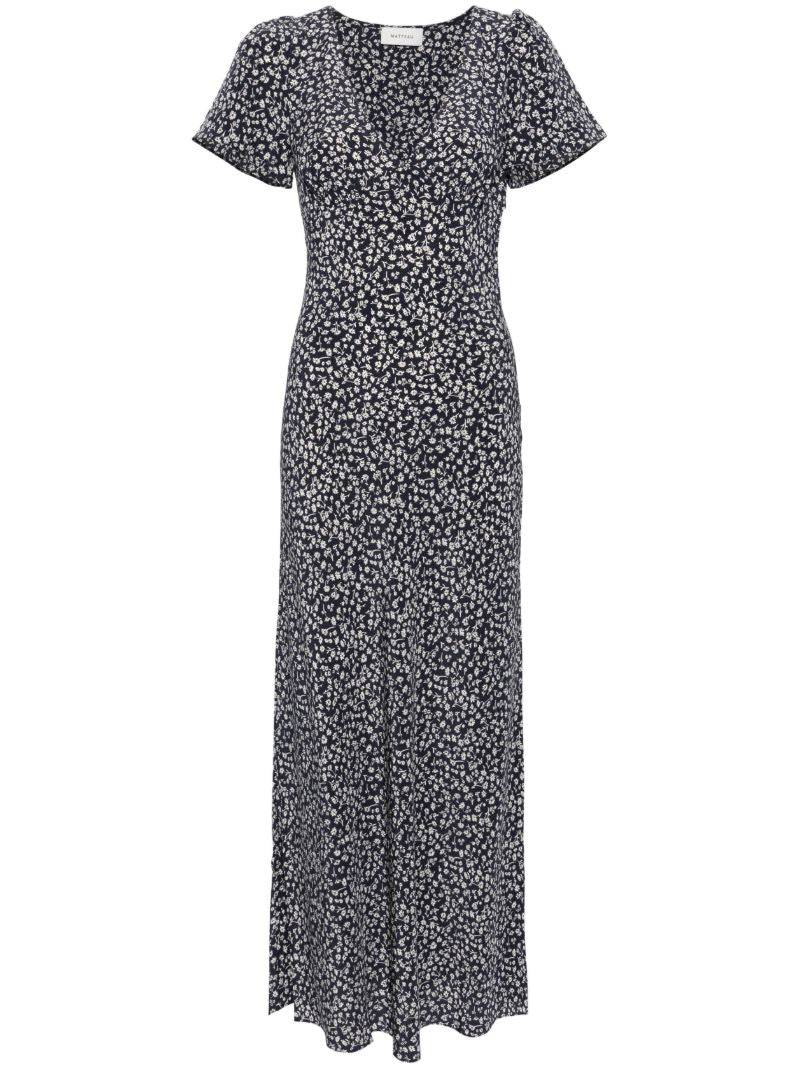 Blue Floral-print Silk Dress