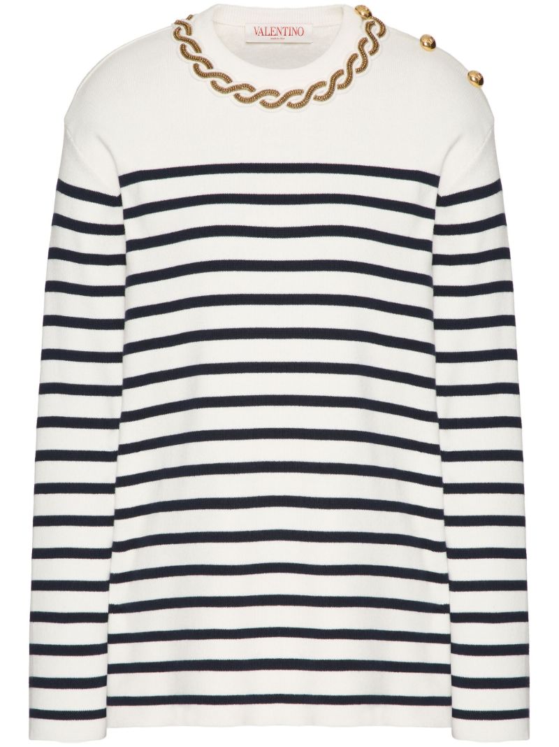 White Striped Chain-detail Jumper