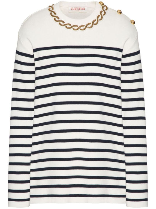 White Striped Chain-detail Jumper