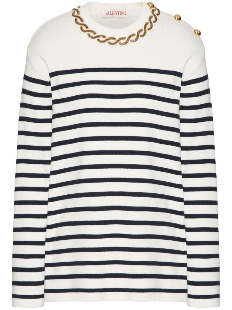 White Striped Chain-detail Jumper