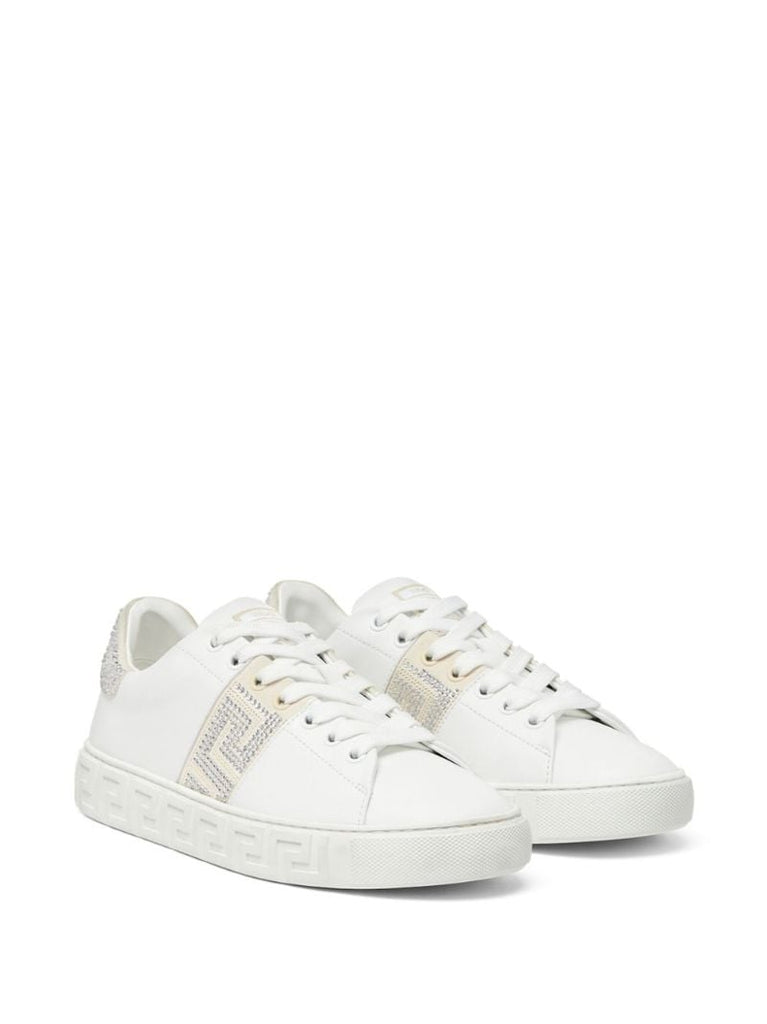White Crystal Greca Leather Sneakers