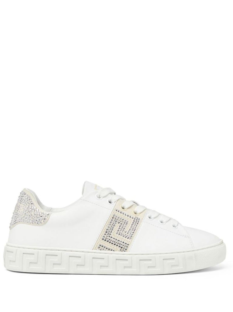 White Crystal Greca Leather Sneakers