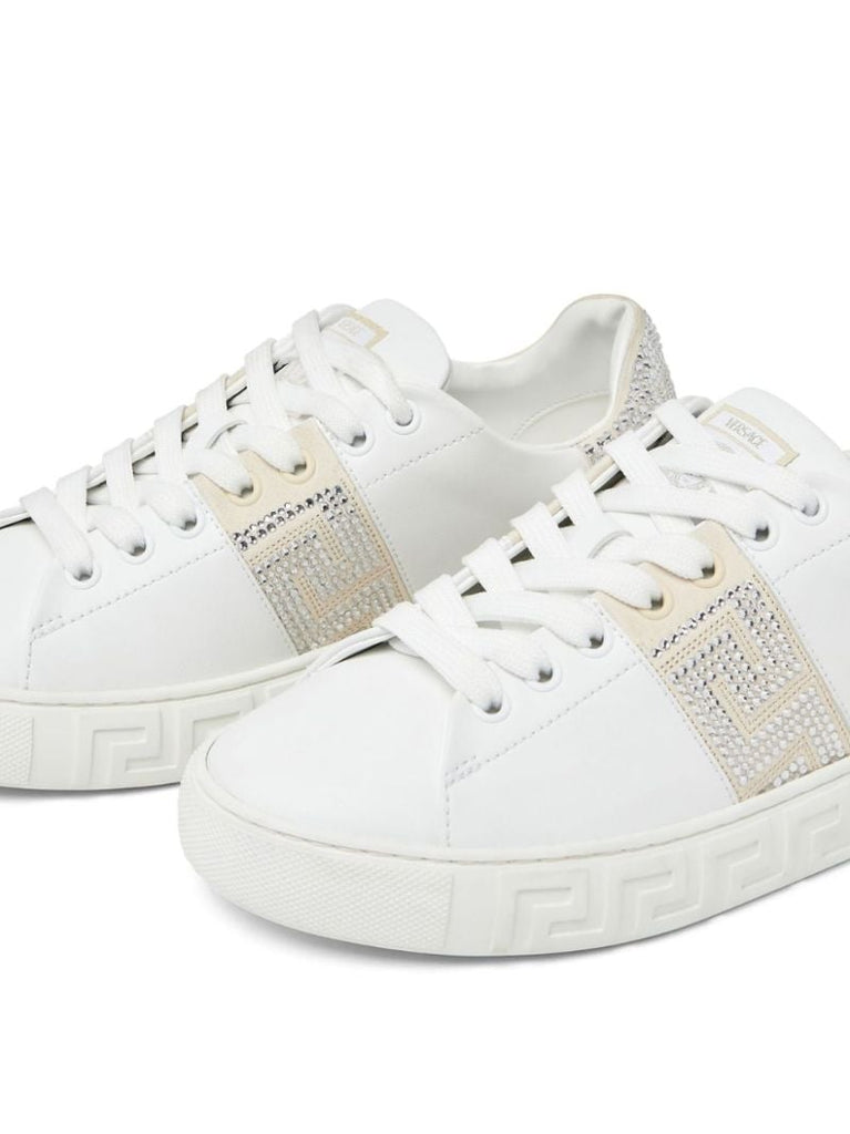 White Crystal Greca Leather Sneakers