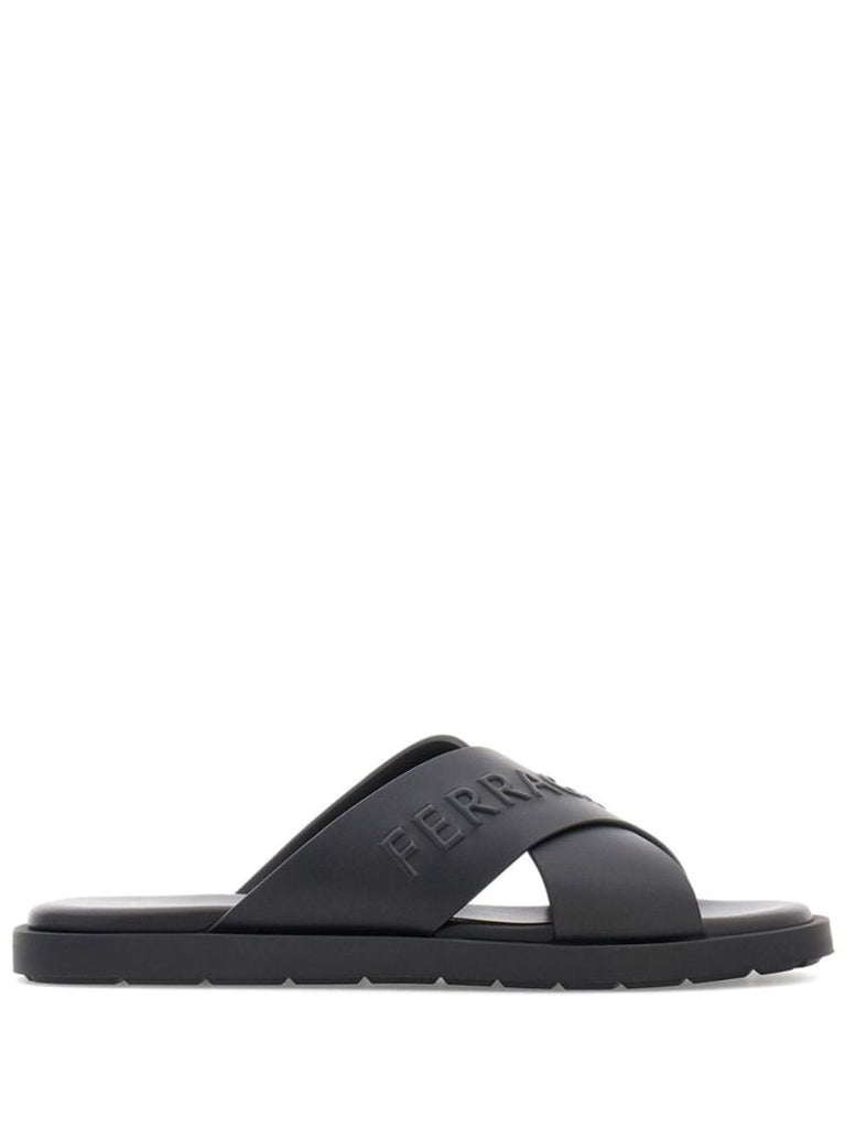 Black Logo Crossover Leather Slides