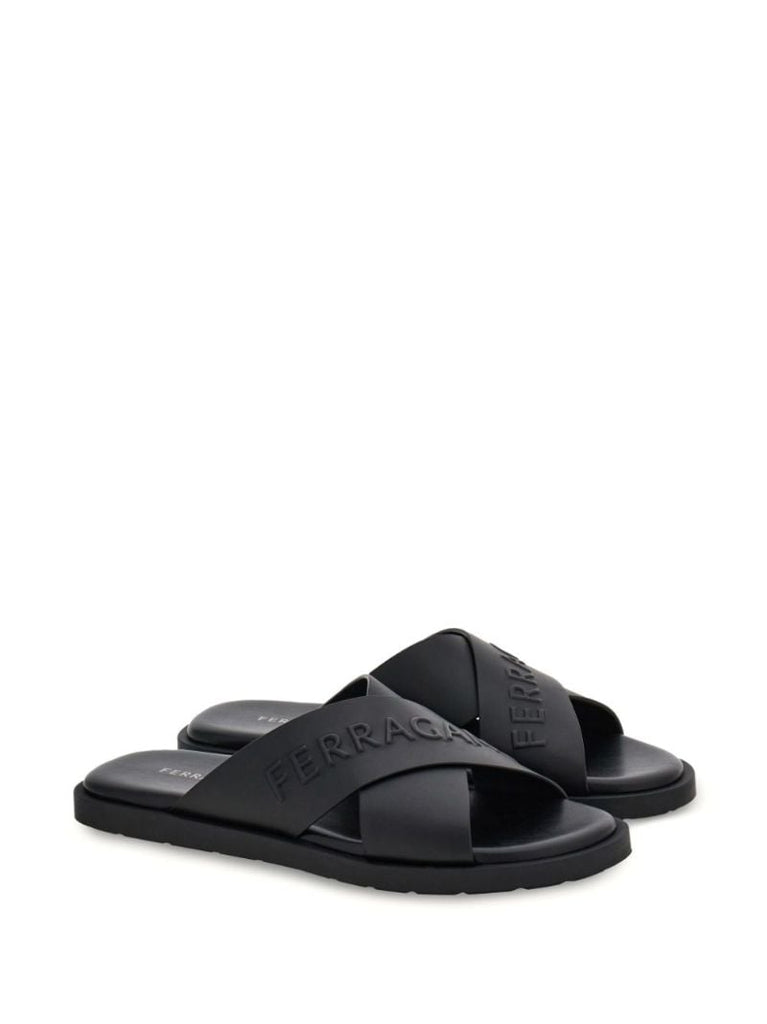 Black Logo Crossover Leather Slides