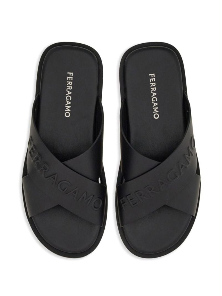 Black Logo Crossover Leather Slides