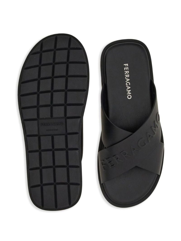 Black Logo Crossover Leather Slides