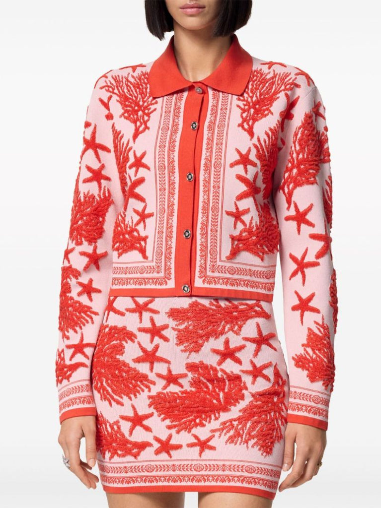 Red Barocco Sea Intarsia Cardigan