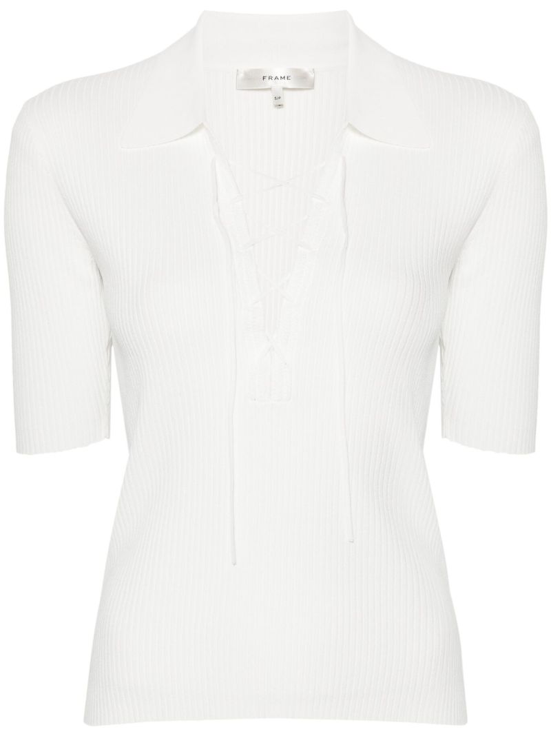 Off White Ribbed Knit Short-sleeved Blouse
