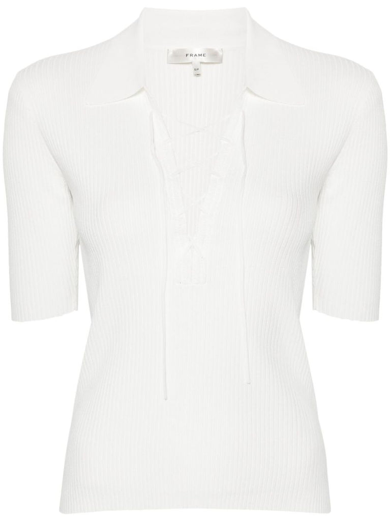 Off White Ribbed Knit Short-sleeved Blouse
