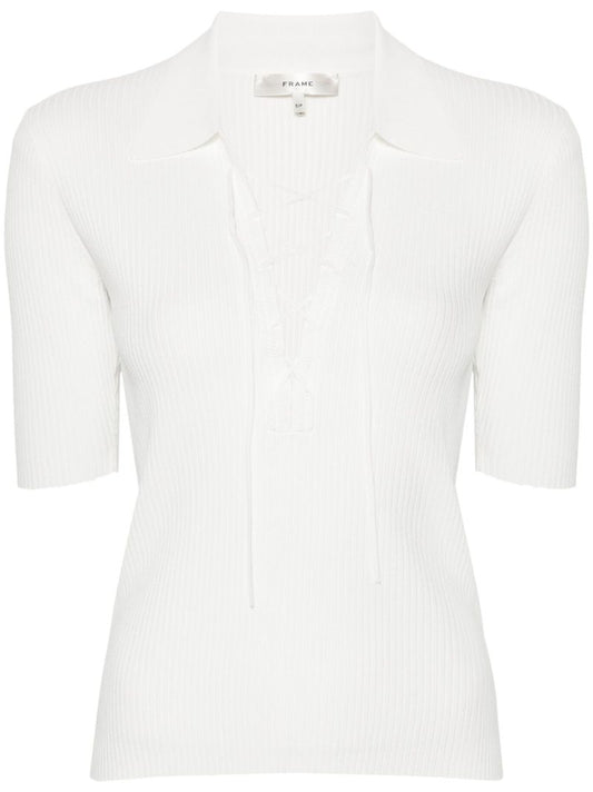 Off White Ribbed Knit Short-sleeved Blouse