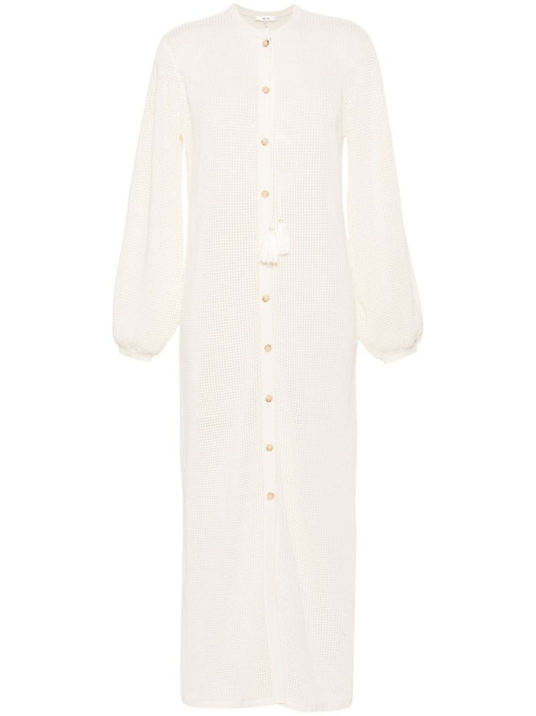 Cream White Balloon Sleeves Crochet Maxi Dress
