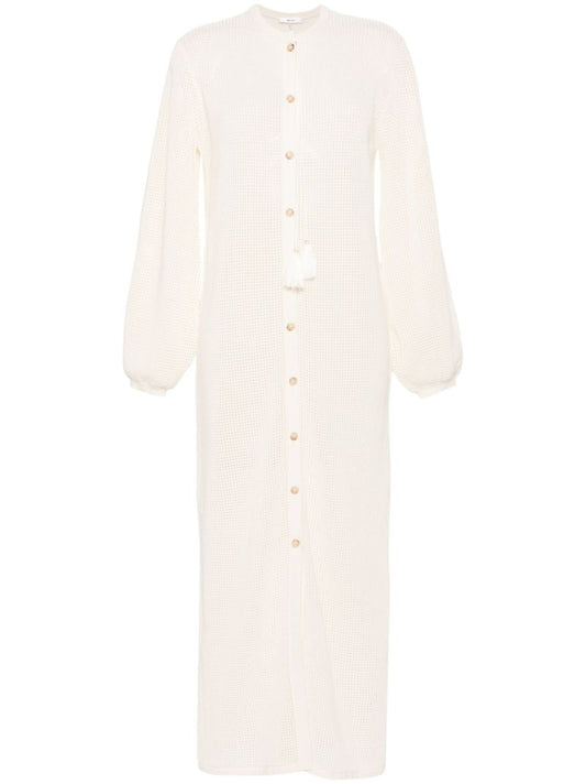Cream White Balloon Sleeves Crochet Maxi Dress