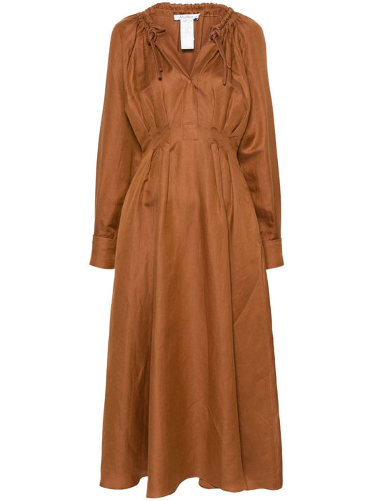 Rust Brown Pleated Detailing Midi Dress