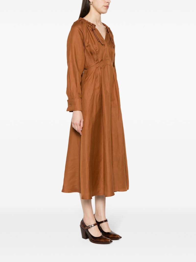 Rust Brown Pleated Detailing Midi Dress
