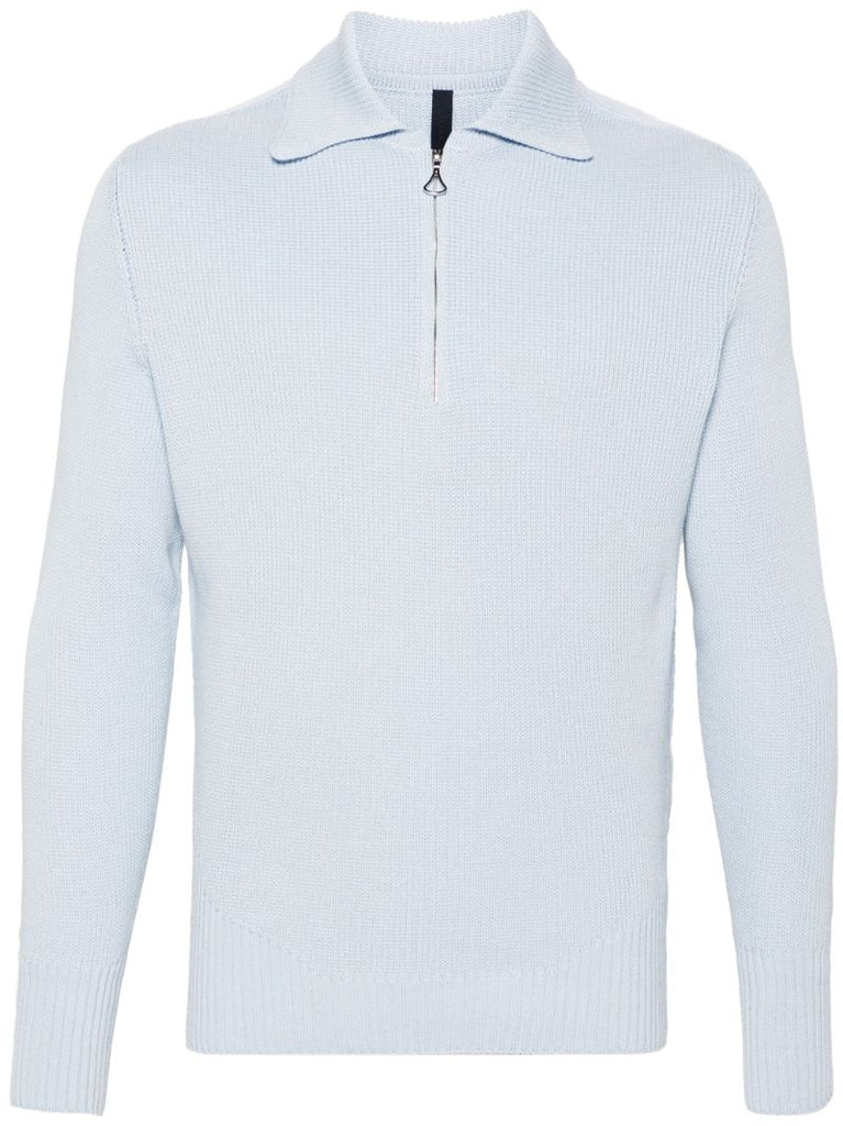 Light Blue Zipped Neck Fine-knitted Jumper