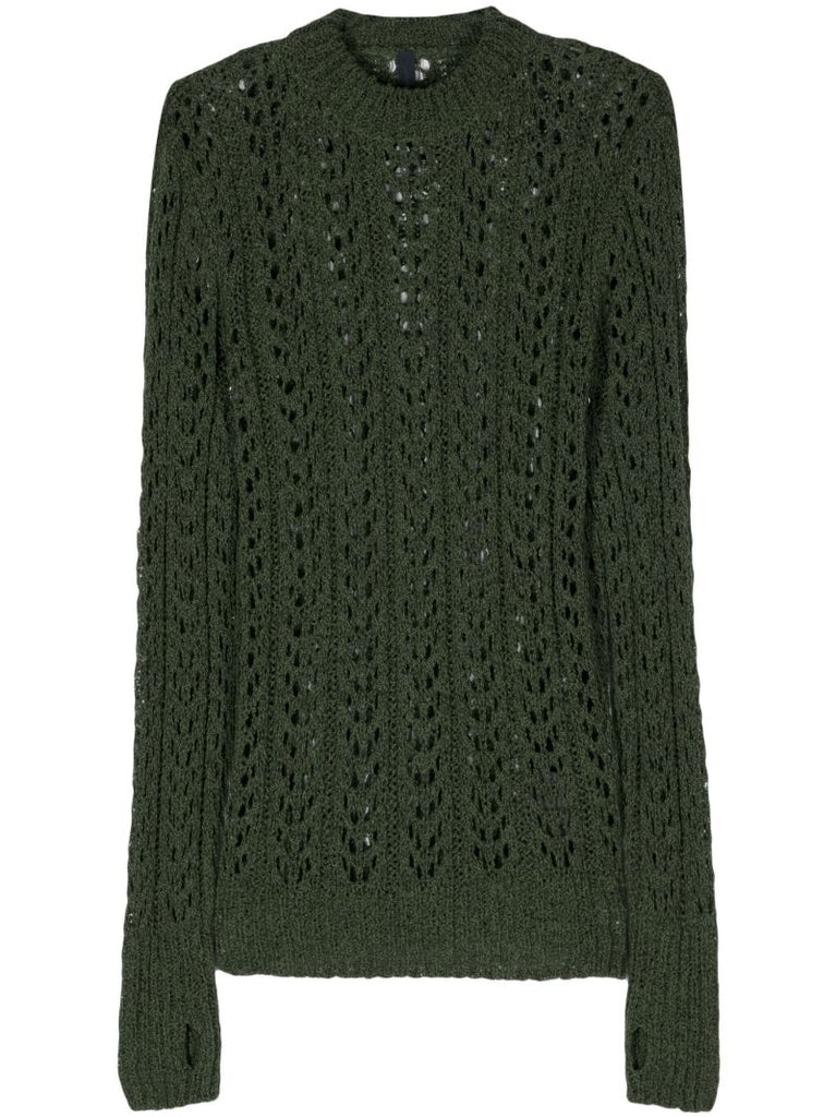 Dark Green Fingerless Gloves Open Knit Jumper