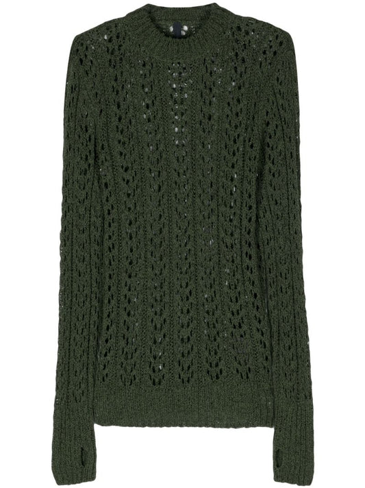 Dark Green Fingerless Gloves Open Knit Jumper