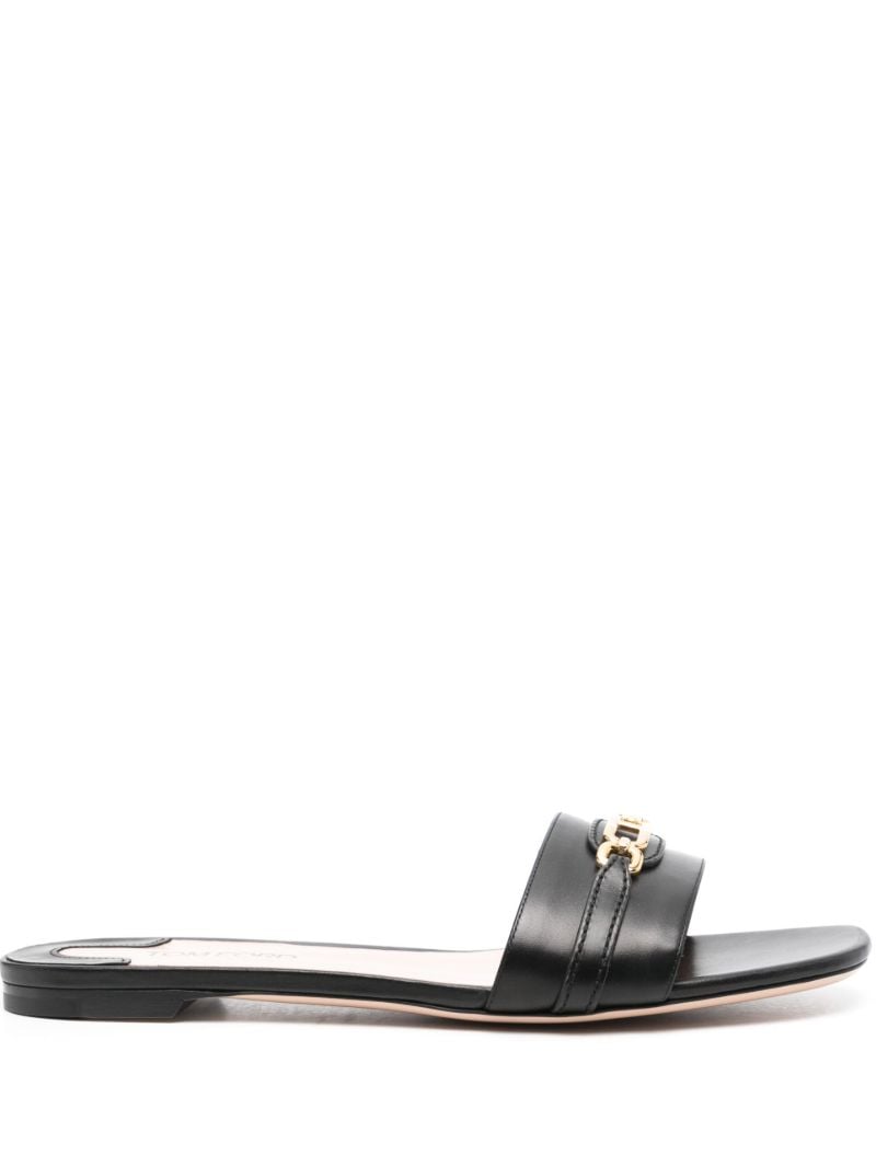 Black Chain Leather Slides