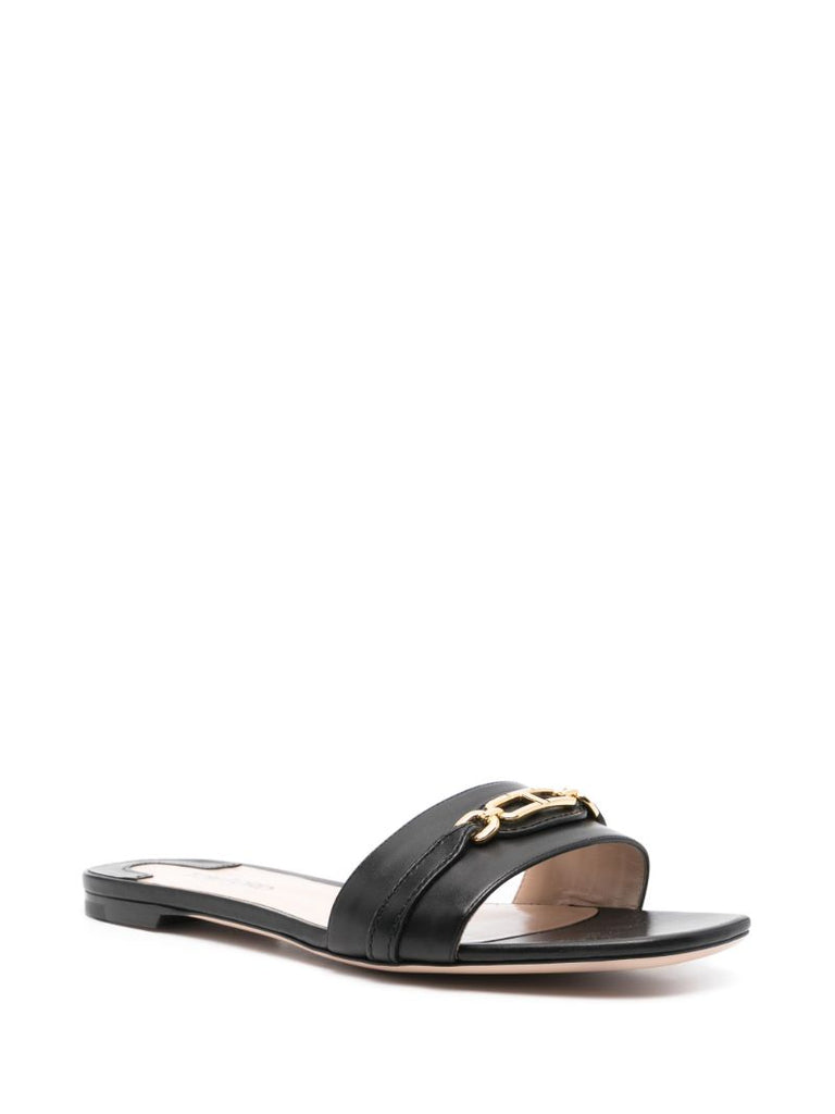 Black Chain Leather Slides