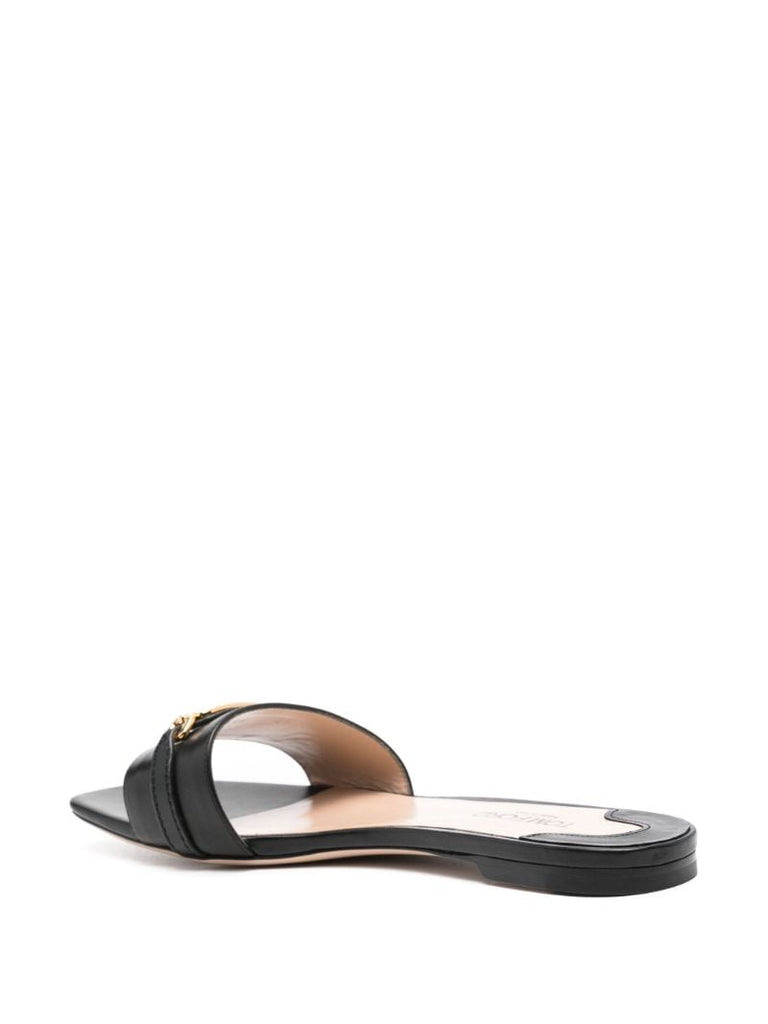 Black Chain Leather Slides