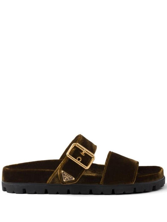 Brown Triangle Logo Velvet Slides
