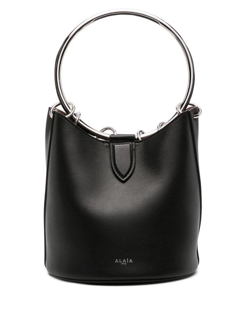 Black Metal Loops Leather Bucket Handbag