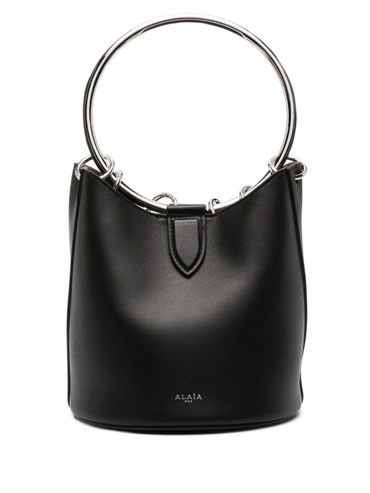 Black Metal Loops Leather Bucket Handbag
