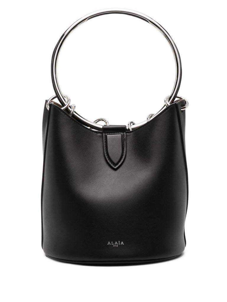 Black Metal Loops Leather Bucket Handbag