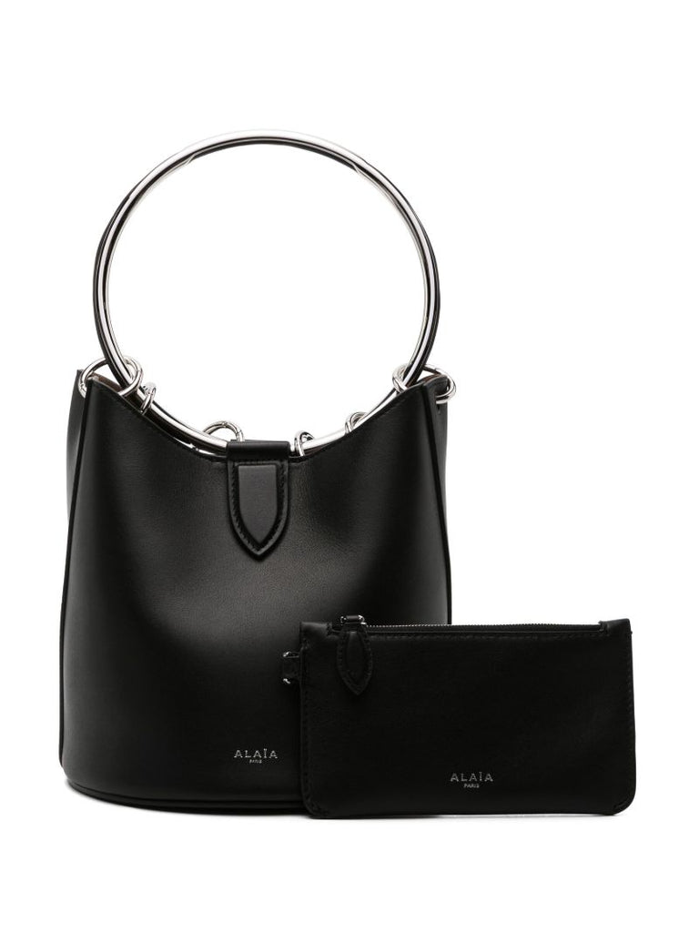 Black Metal Loops Leather Bucket Handbag