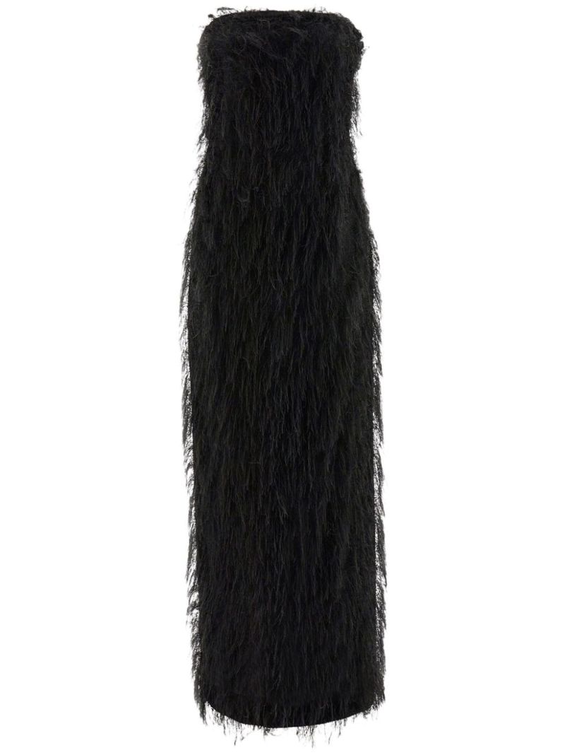 Black Fringed Strapless Midi Dress