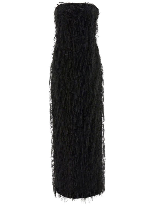Black Fringed Strapless Midi Dress