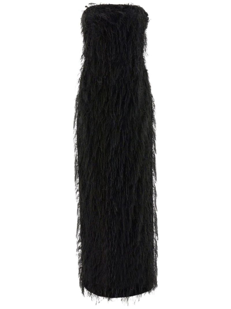 Black Fringed Strapless Midi Dress