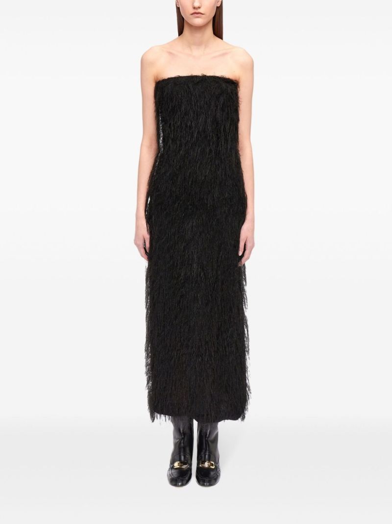 Black Fringed Strapless Midi Dress