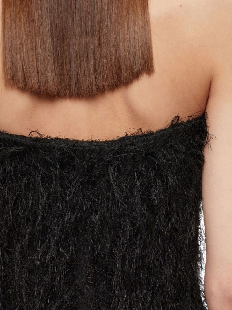 Black Fringed Strapless Midi Dress